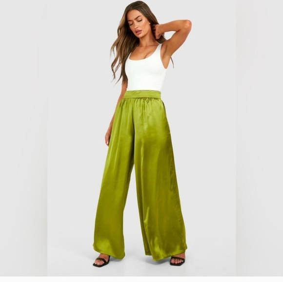 Mermaids Wide Leg Flowy Pants High Waist Shiny Green Small - Picture 2 of 8